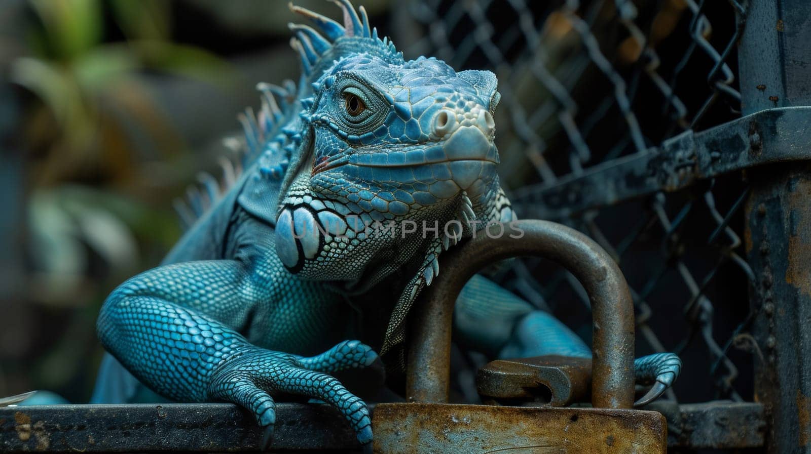 A large blue iguana sitting on top of a fence with its head sticking out, AI by starush