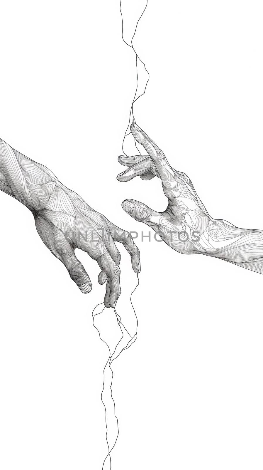 Two hands reaching for each other with a string connecting them, AI by starush