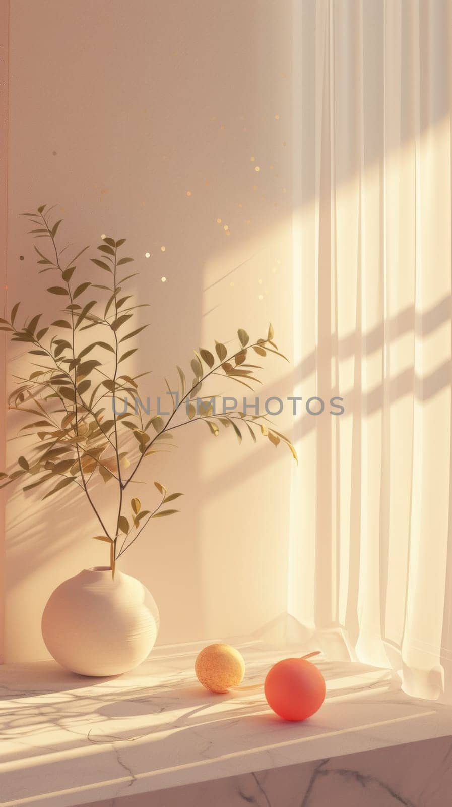 A vase with white flowers and two eggs on a table