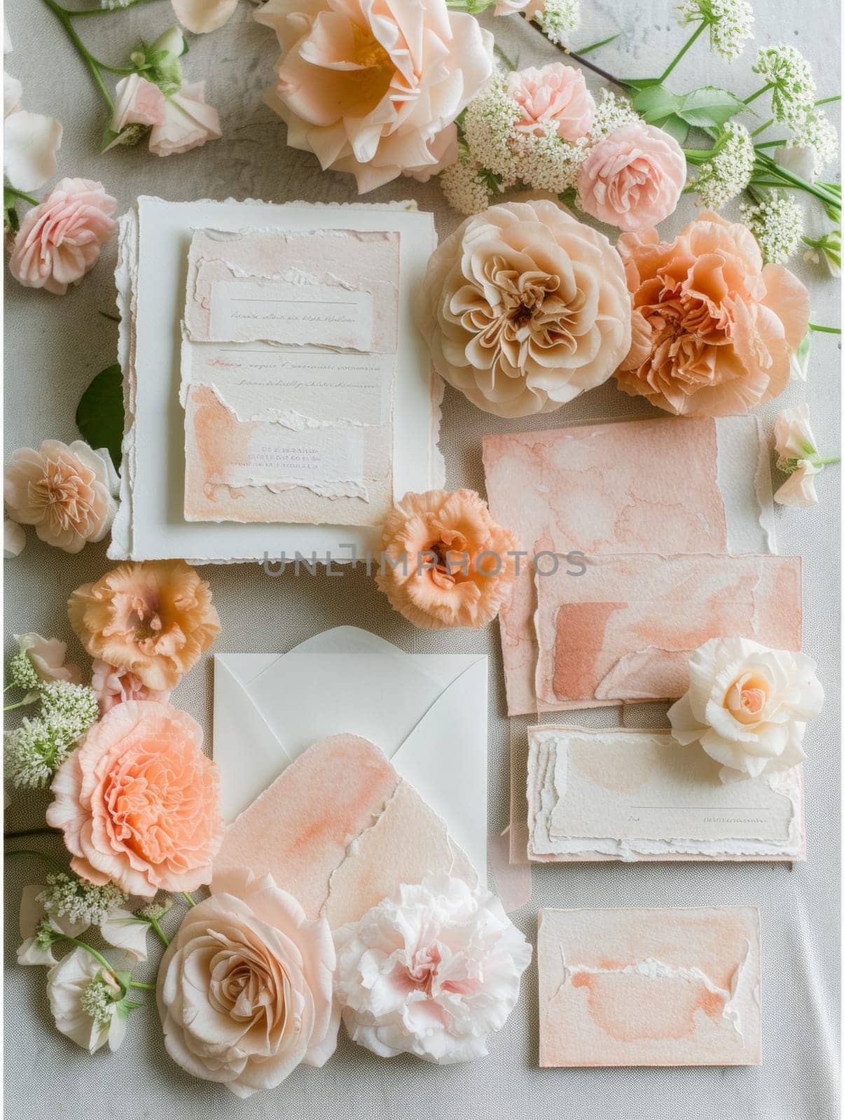 A bunch of different flowers and cards are on a table