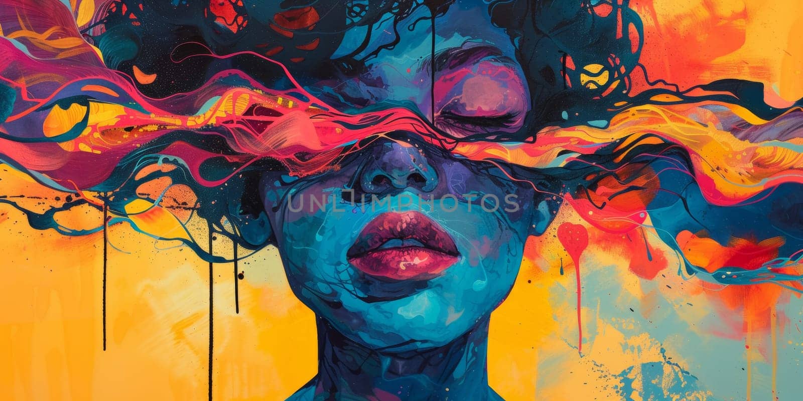 A painting of a woman with her eyes covered by colorful swirls, AI by starush