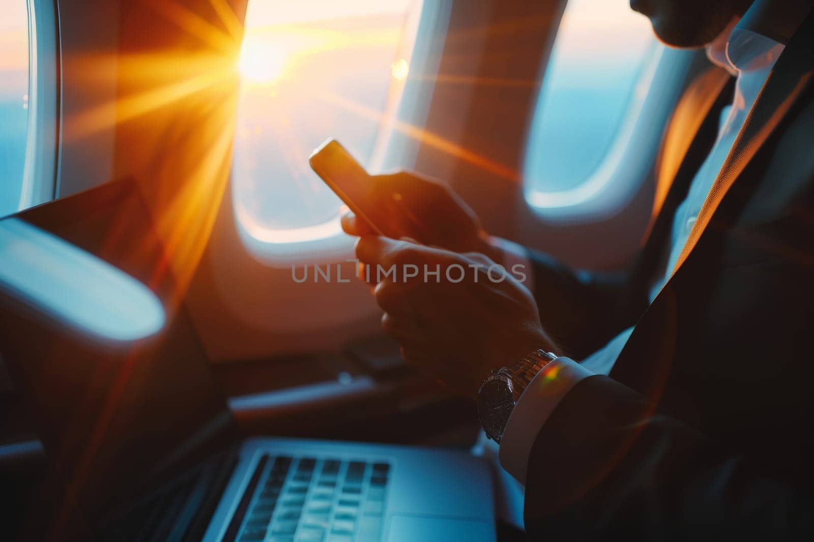 Working on airplane, businessman sitting and using smartphone inside airplane near the window by nijieimu