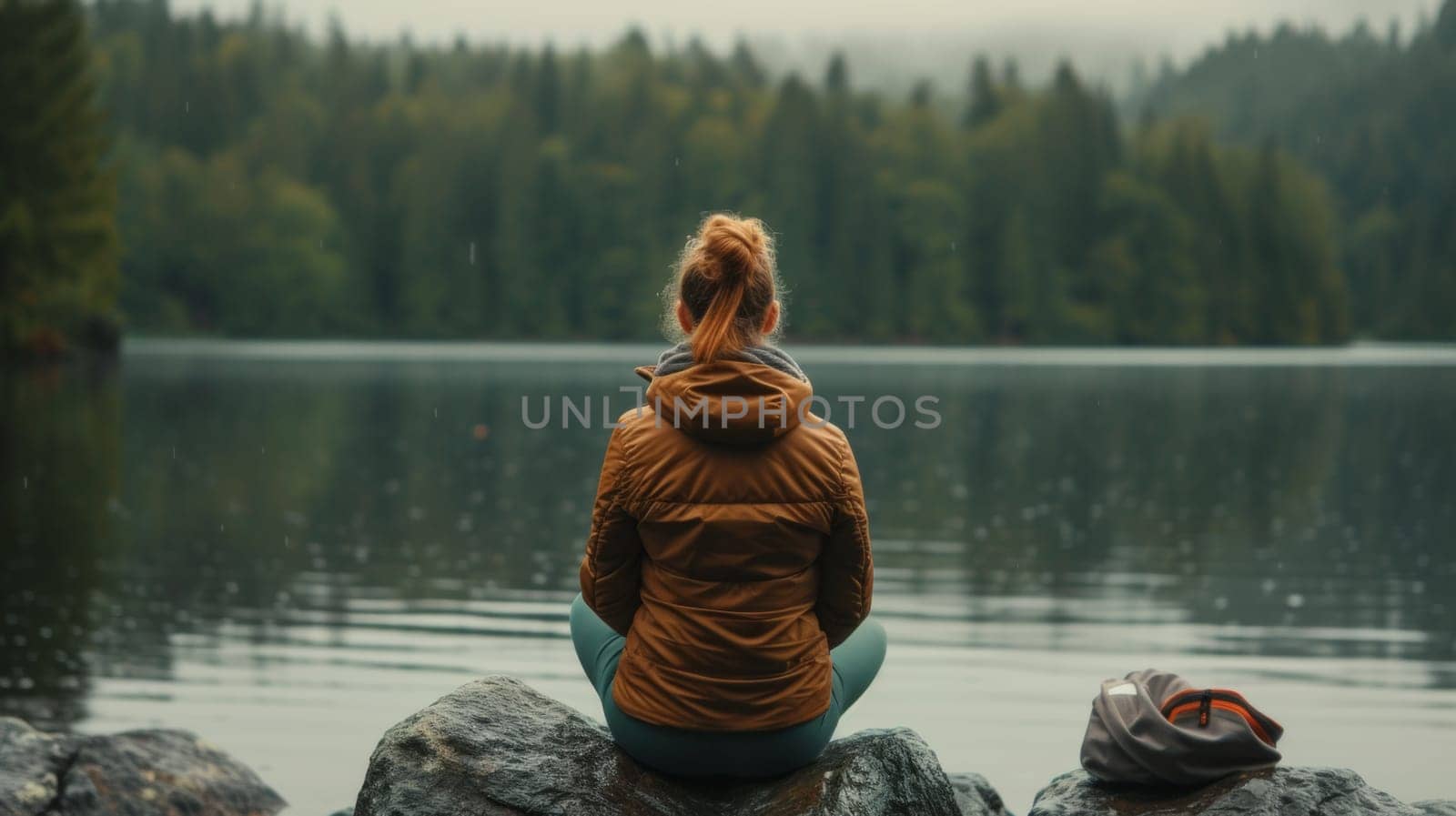 A woman sitting on a rock by the water with her backpack