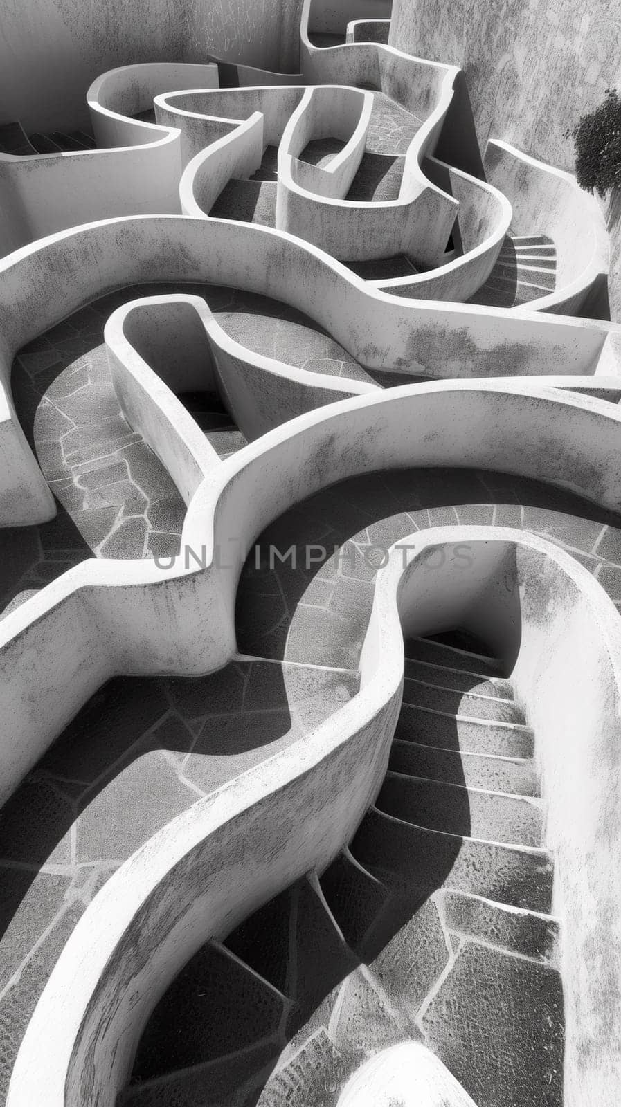 A black and white photograph of a spiral staircase