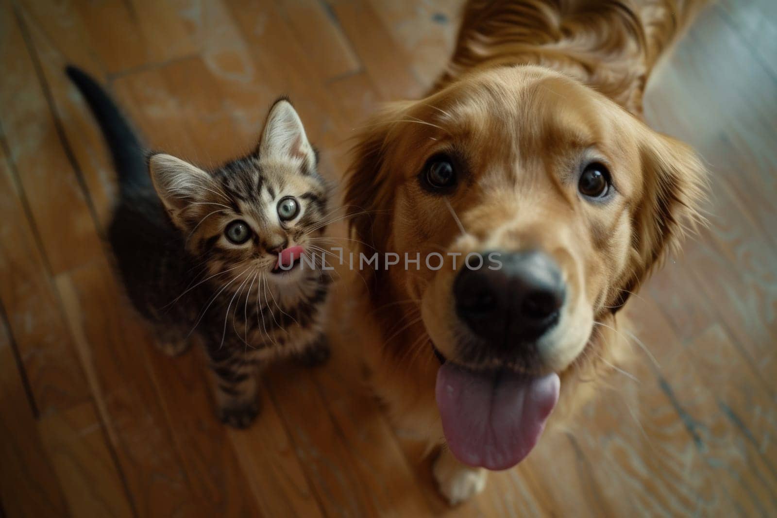 Cat and Dog, Top view of a hungry dog and kitten.