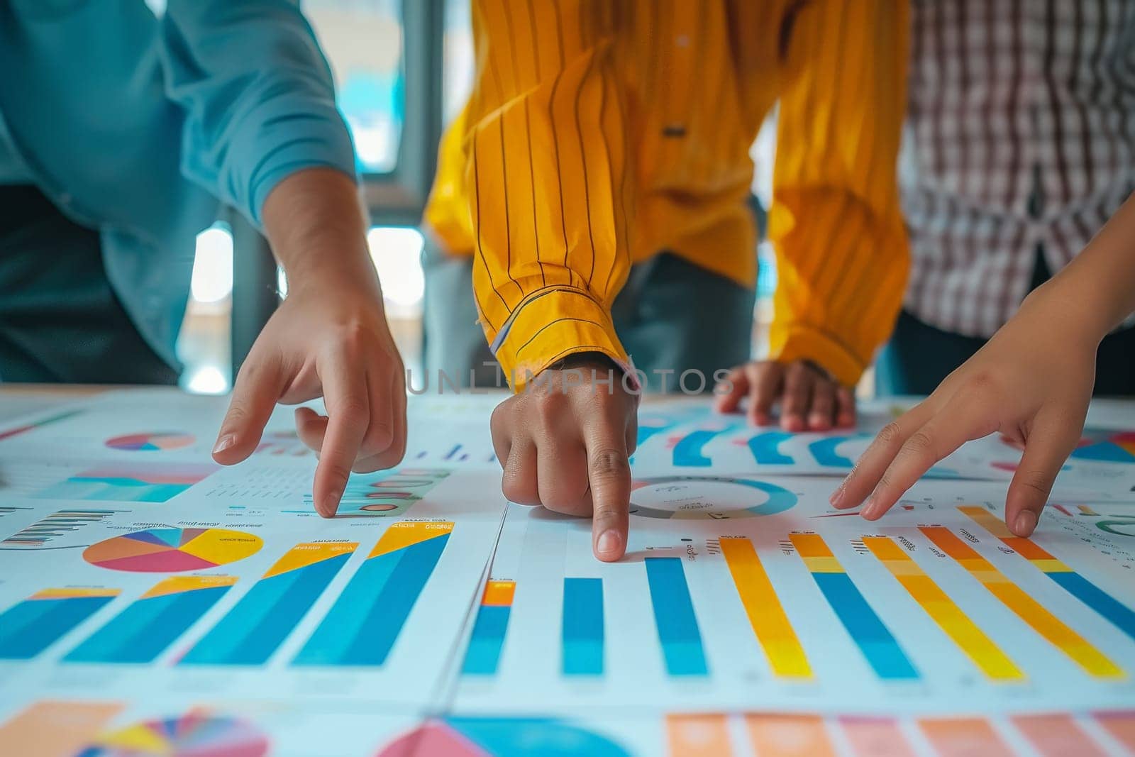 Business photography, Group of business people point to graphs and charts to analysis market data.