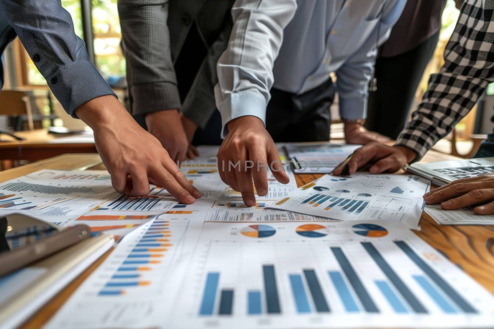 Business photography, Group of business people point to graphs and charts to analysis market data.