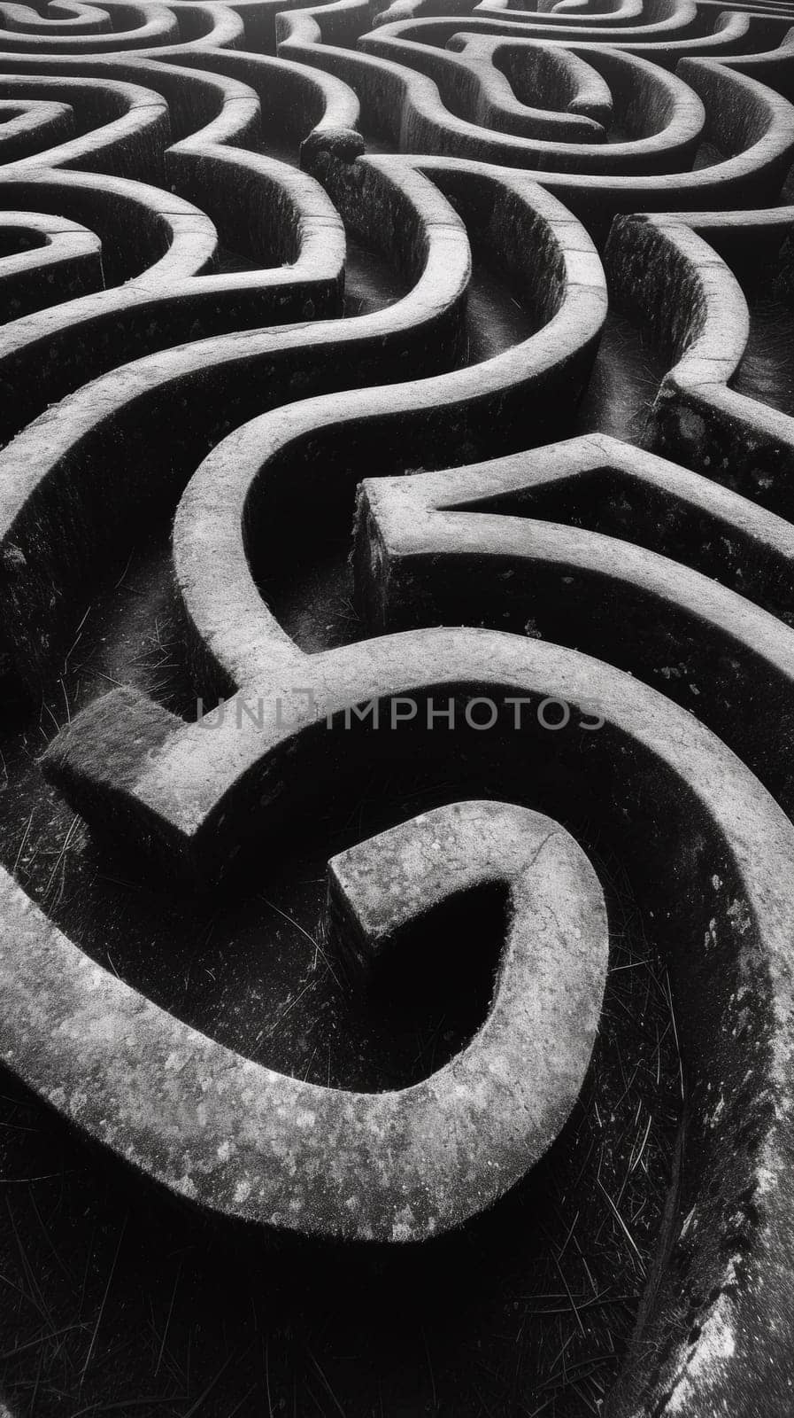 A black and white photo of a maze with many twists, AI by starush