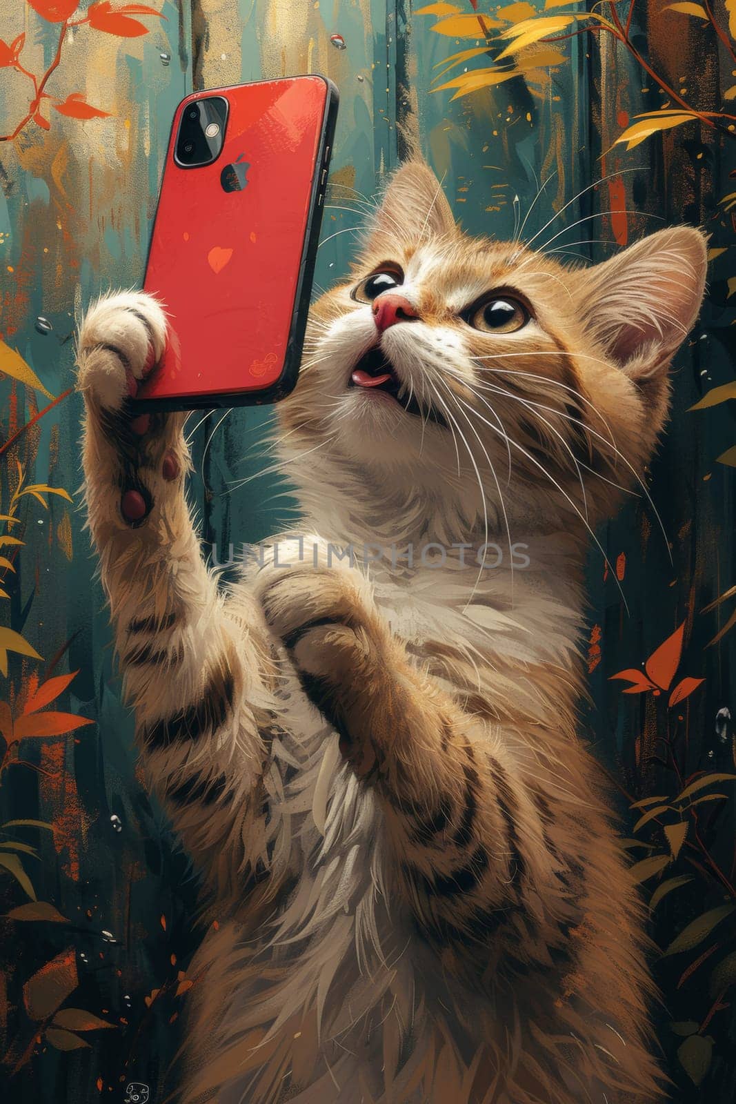 A cat holding up a red iphone in its paw