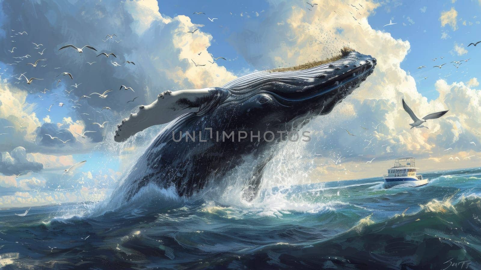 A large whale jumping out of the water with birds flying around it, AI by starush