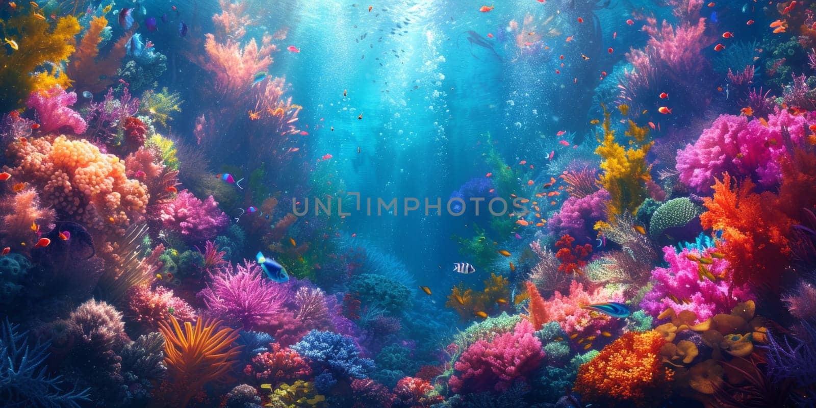 A colorful underwater scene with many different types of coral