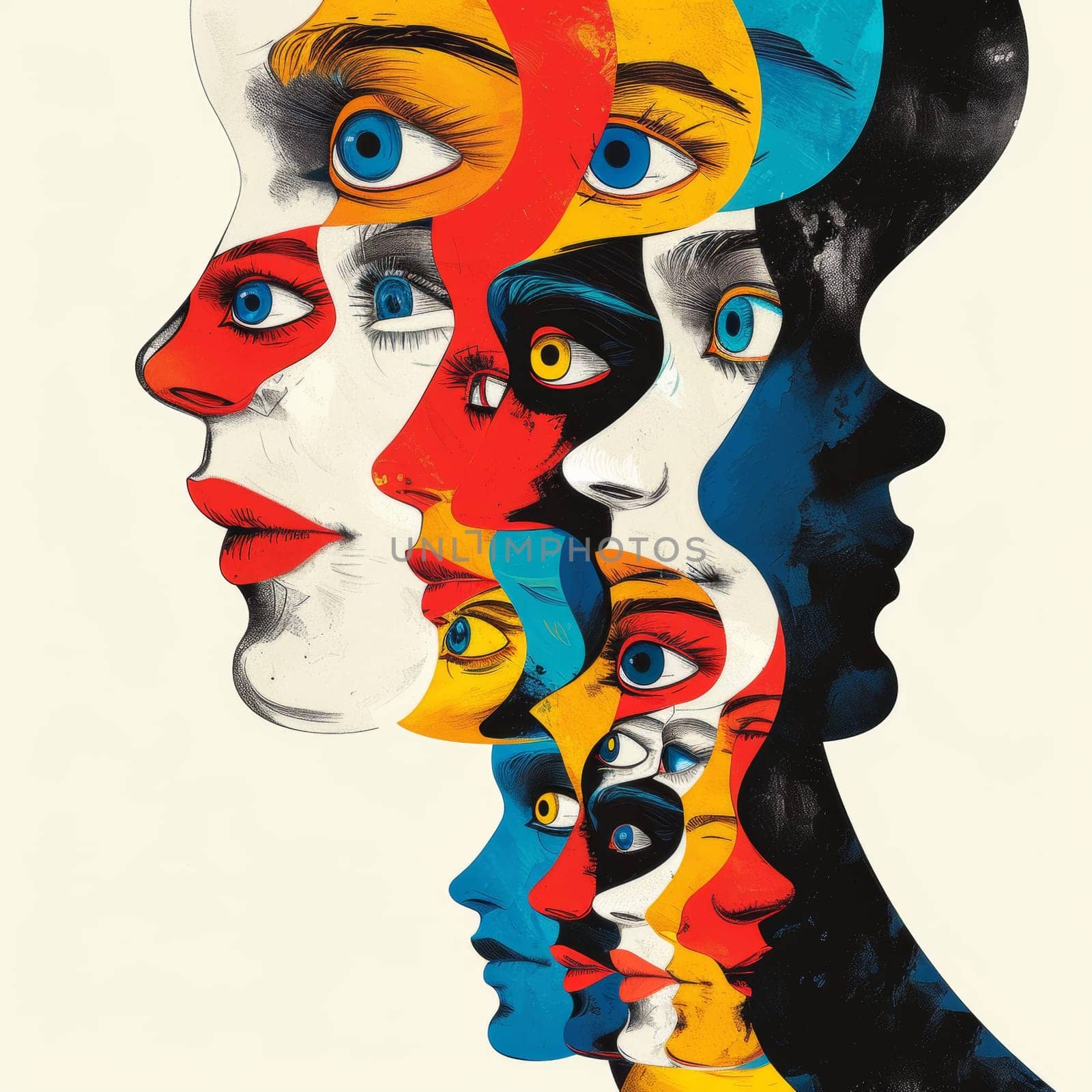 A colorful portrait of a woman with many faces and eyes