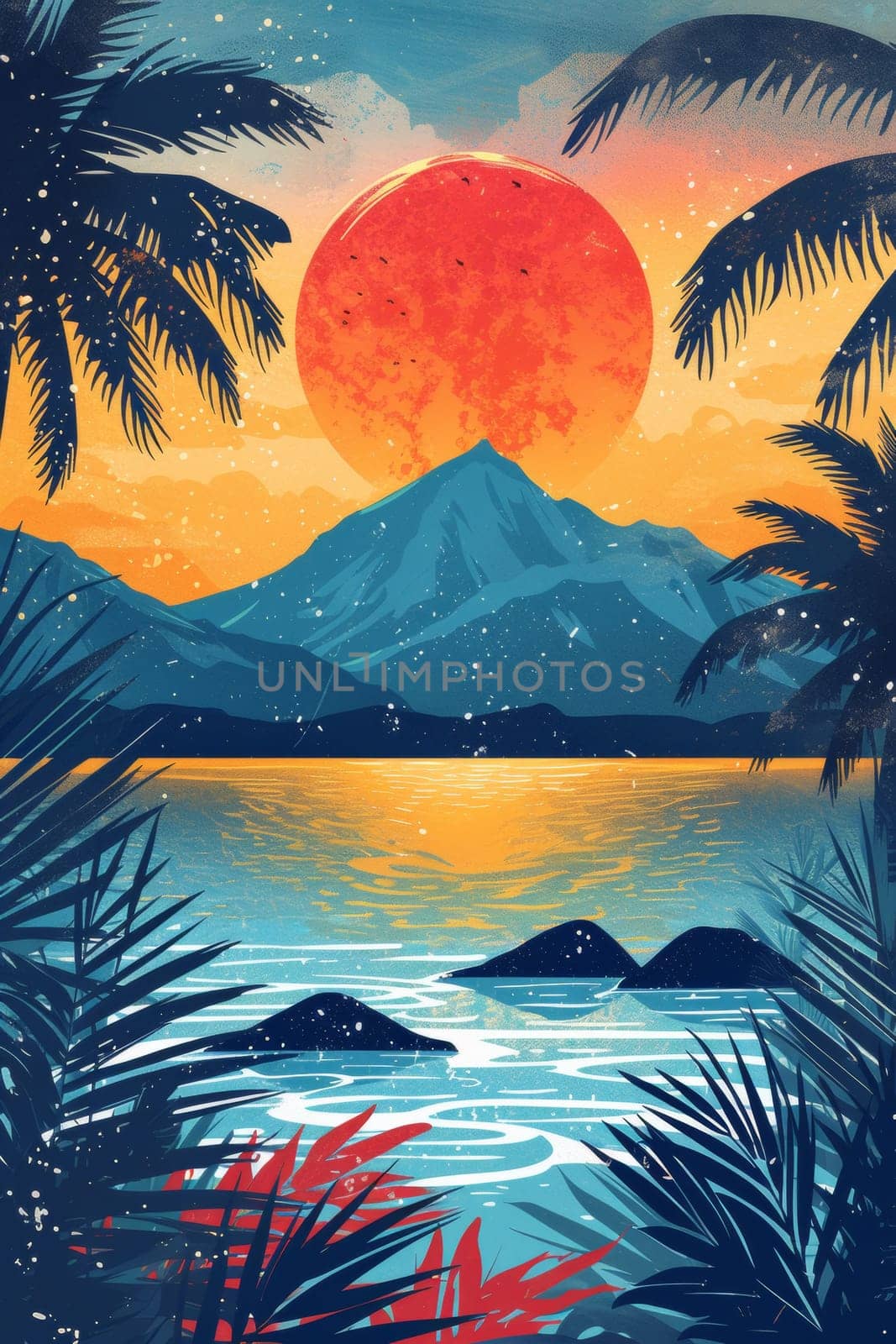 A painting of a sunset over the ocean with mountains in the background, AI by starush