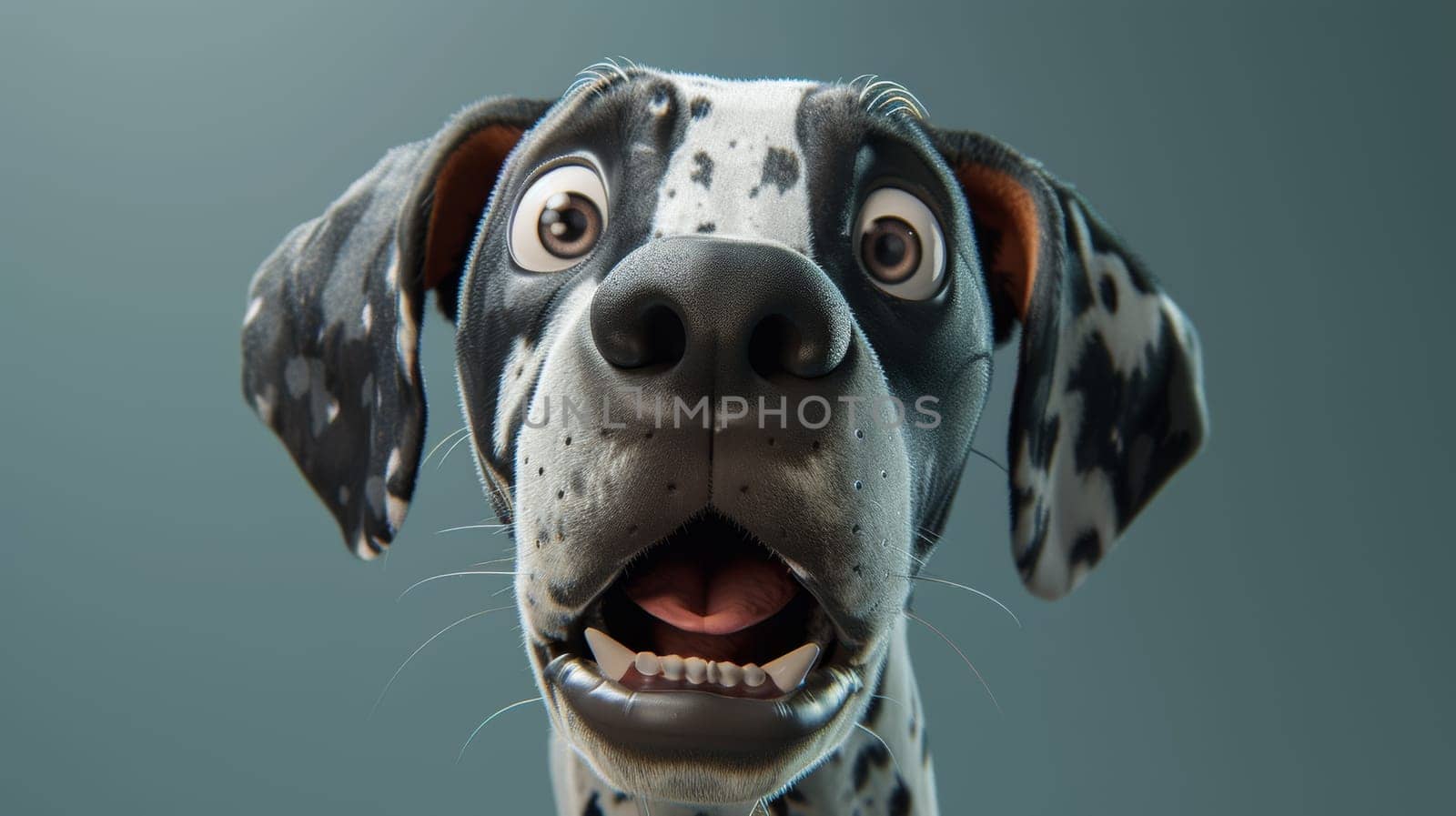 A close up of a dalmatian dog with its mouth open