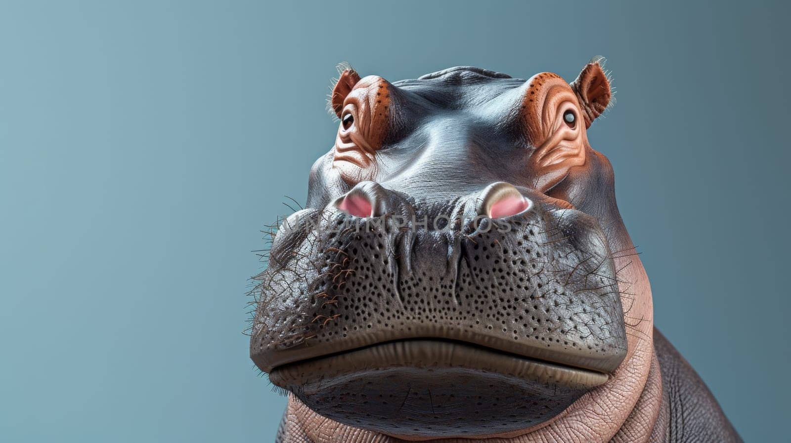 A close up of a hippo's face with its nose in the air