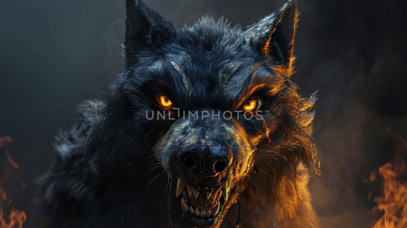 A close up of a wolf with glowing eyes in the dark