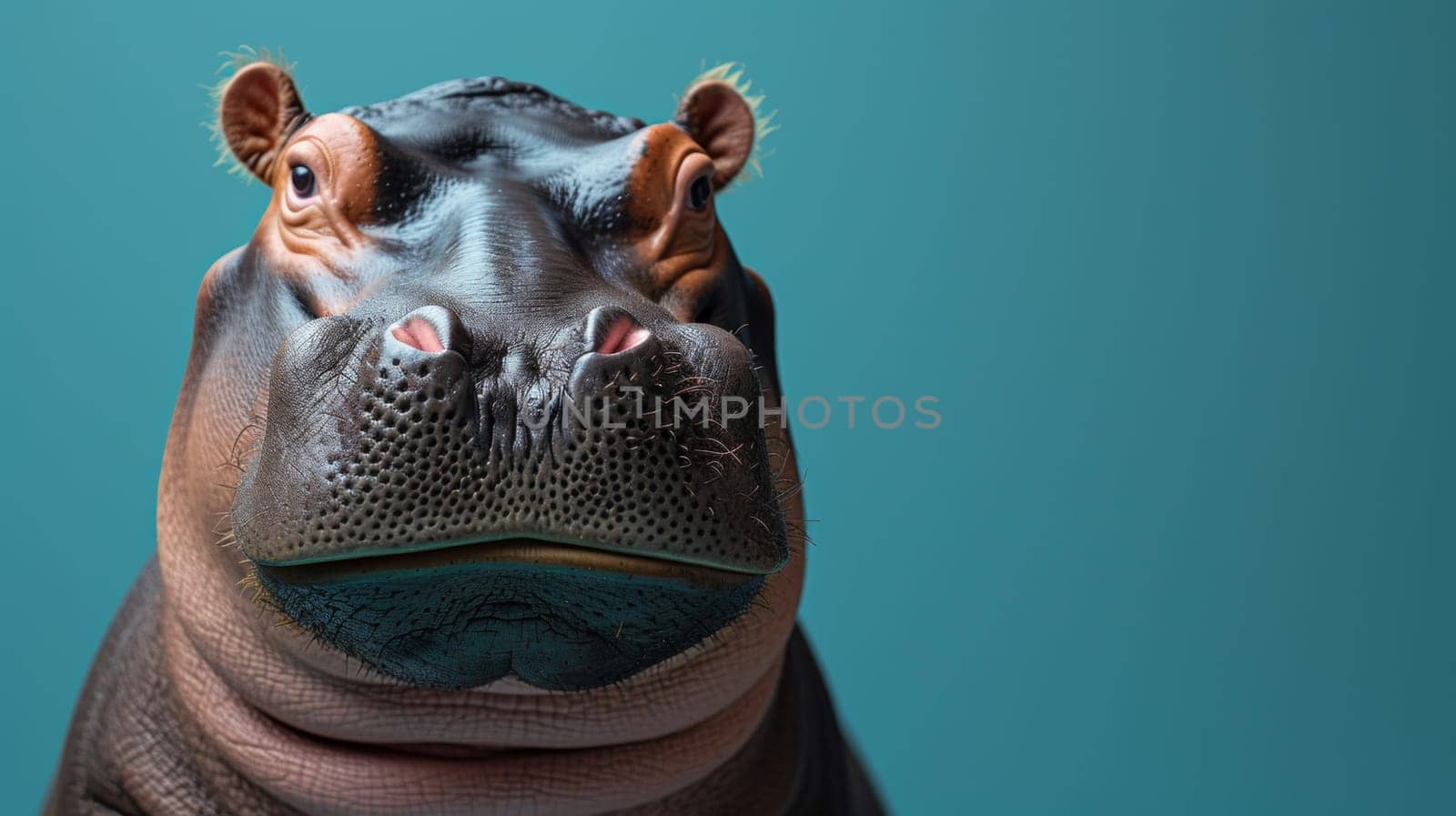 A close up of a hippo's face with the blue background