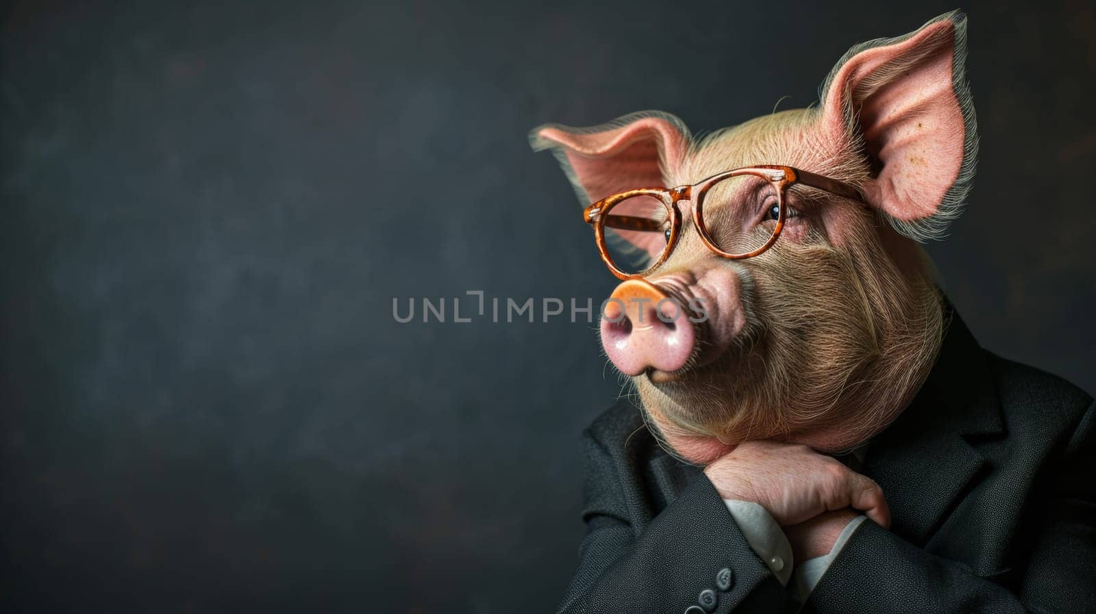 A pig wearing glasses and a suit with his hands folded, AI by starush