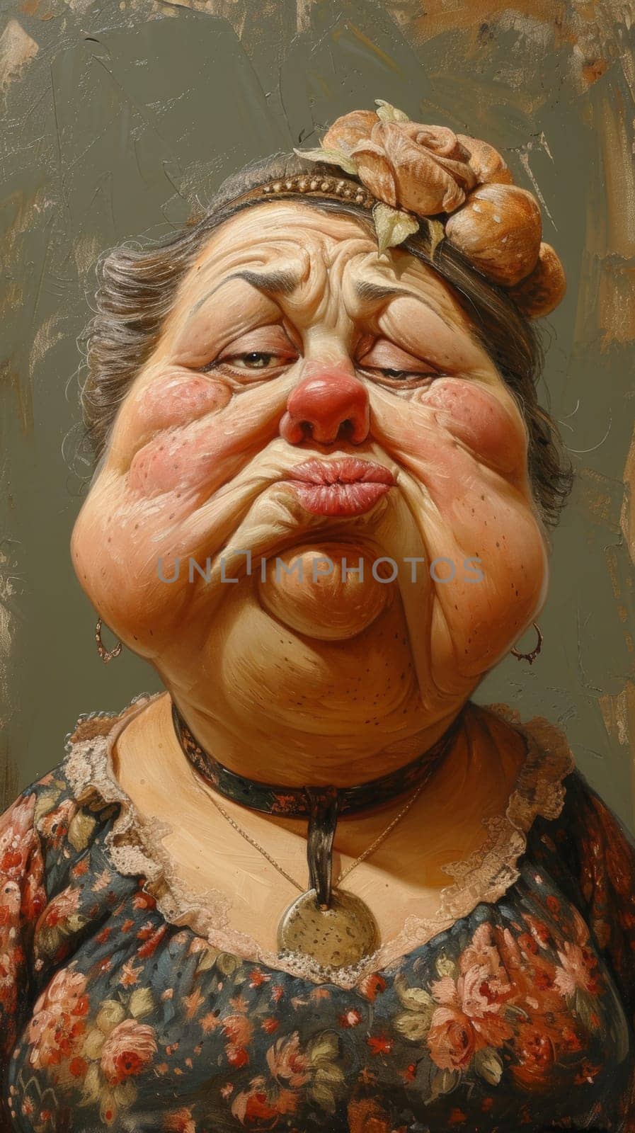 A painting of a woman with an ugly face and big nose, AI by starush