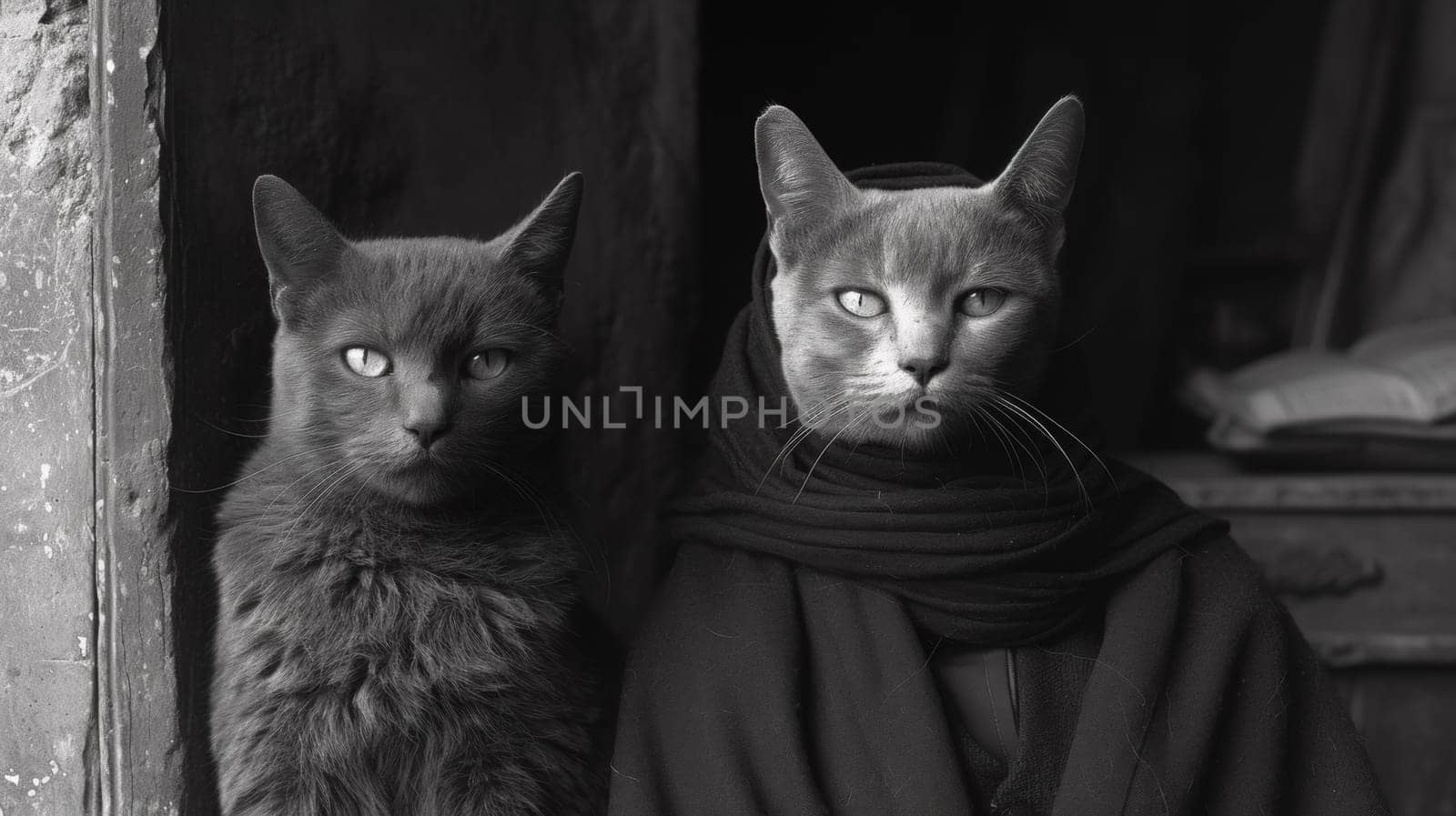 Two cats are sitting next to each other in a black and white photo