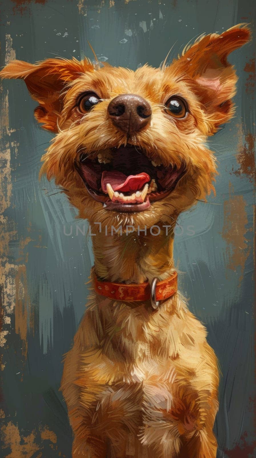 A painting of a small dog with its mouth open and tongue out