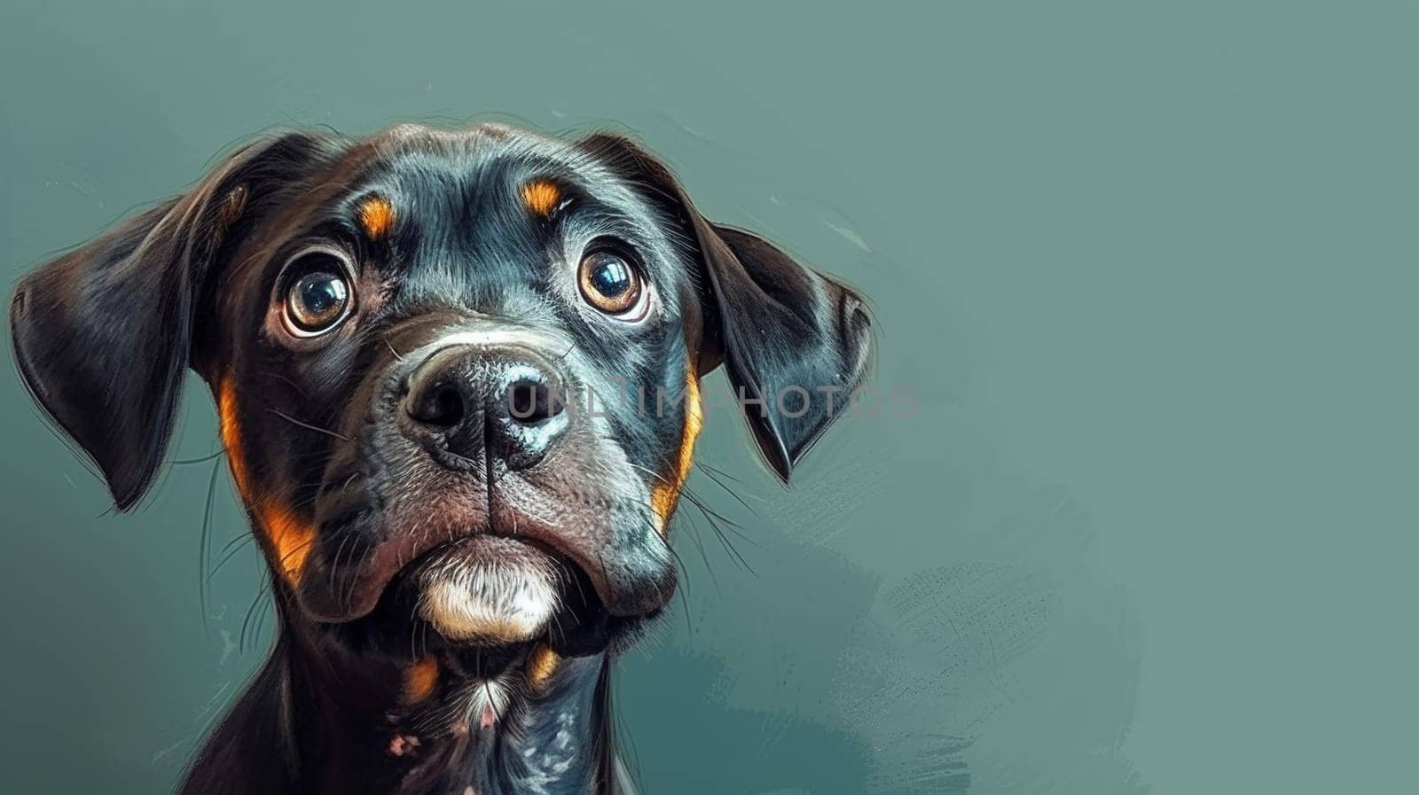 A black and brown dog with a sad look on his face