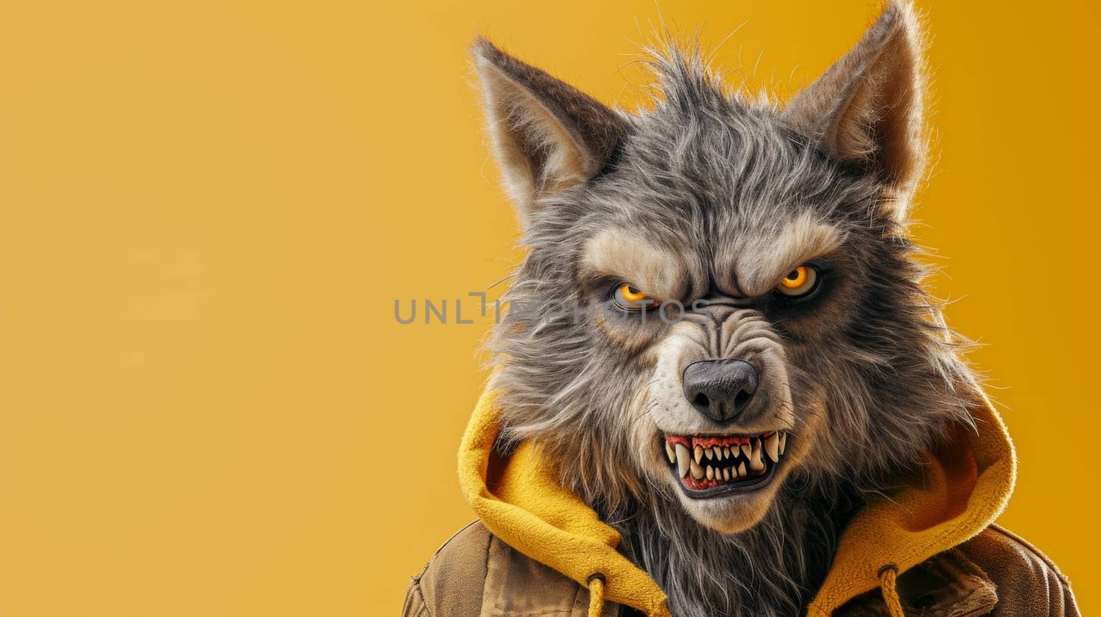 A wolf wearing a yellow jacket and hood with an angry expression