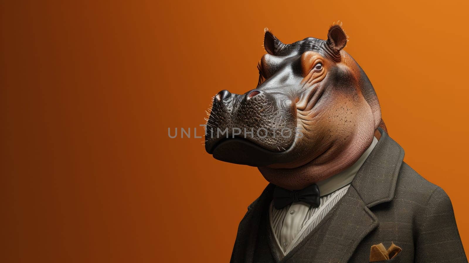A hippo wearing a suit and tie with an orange background