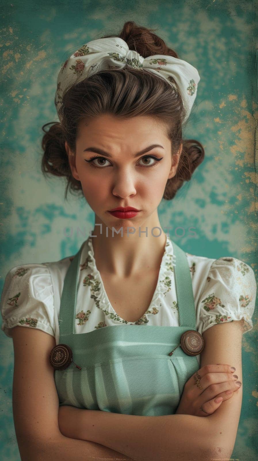 A woman with a bow in her hair and an aprons on