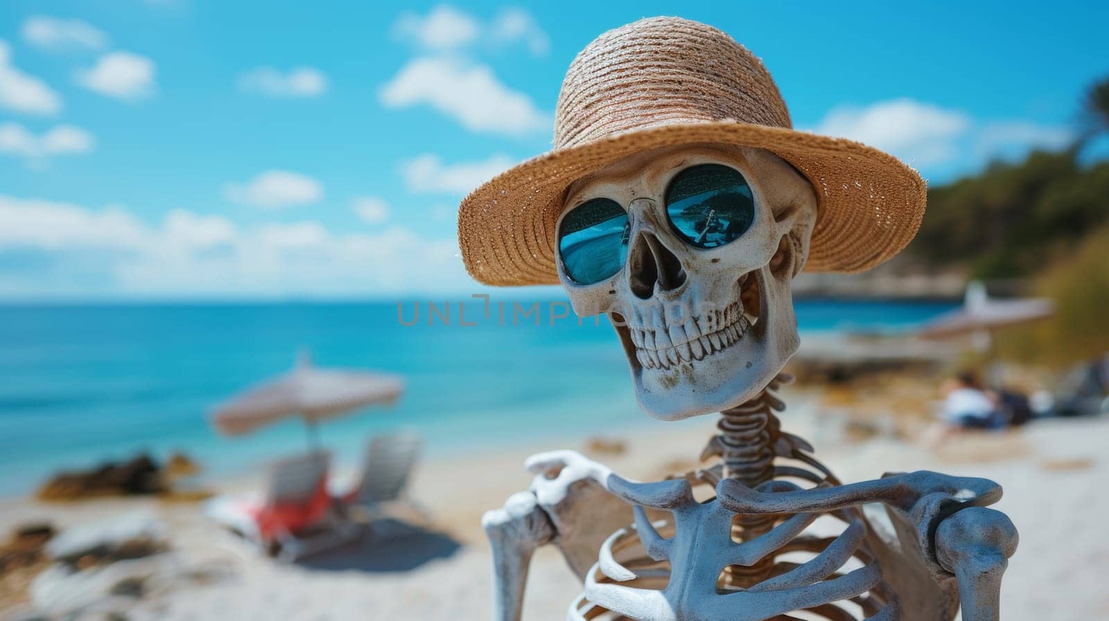 A skeleton wearing a straw hat and sunglasses on the beach