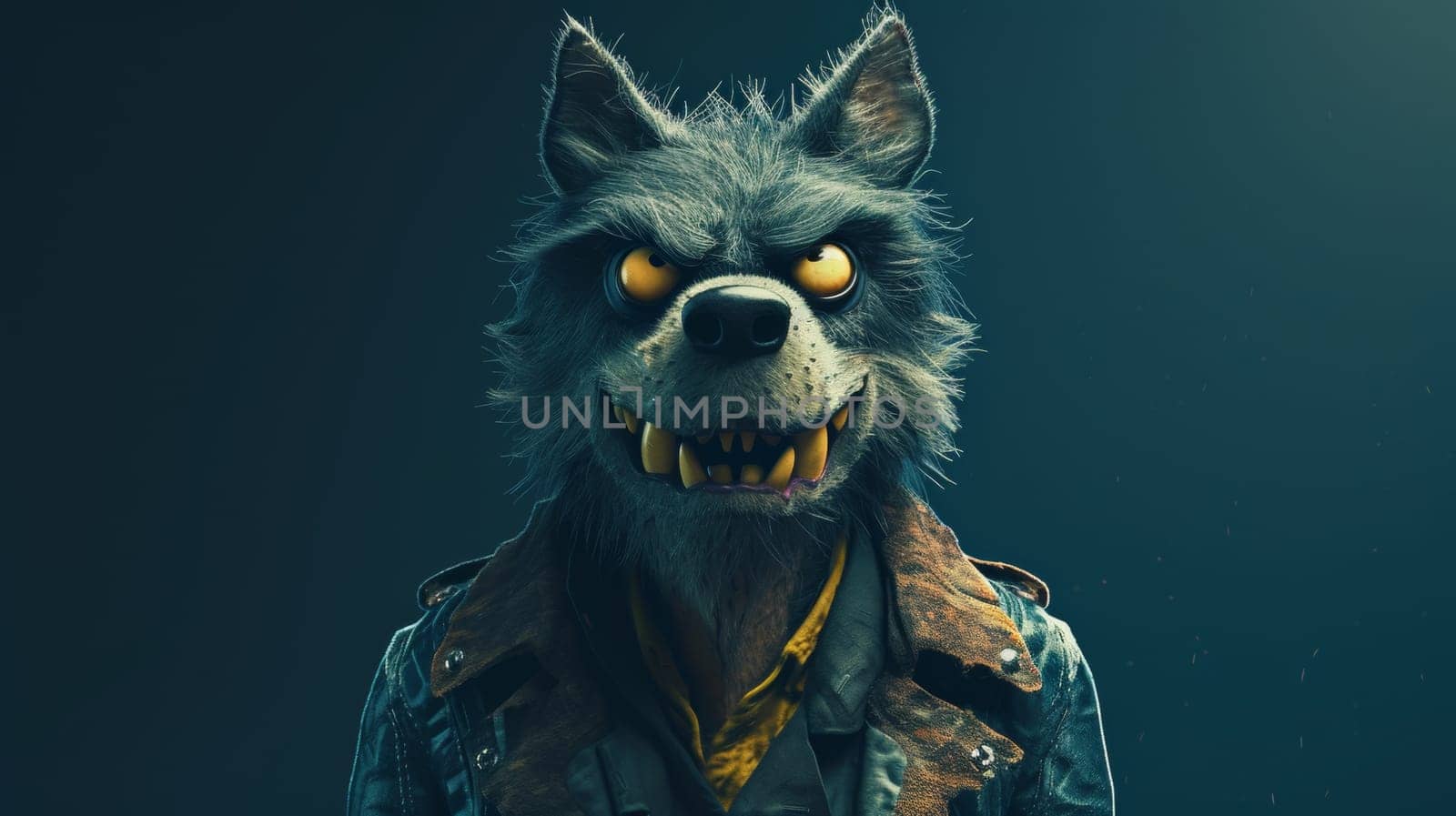 A wolf with a leather jacket and yellow eyes, AI by starush