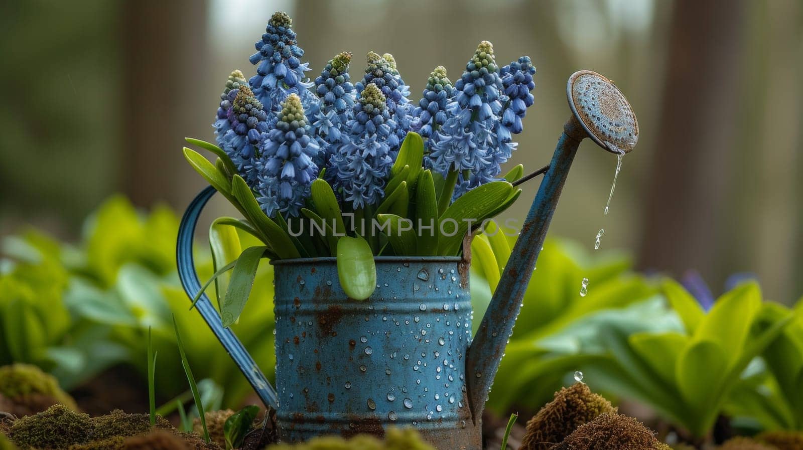 A blue watering can with flowers in it sitting on the ground