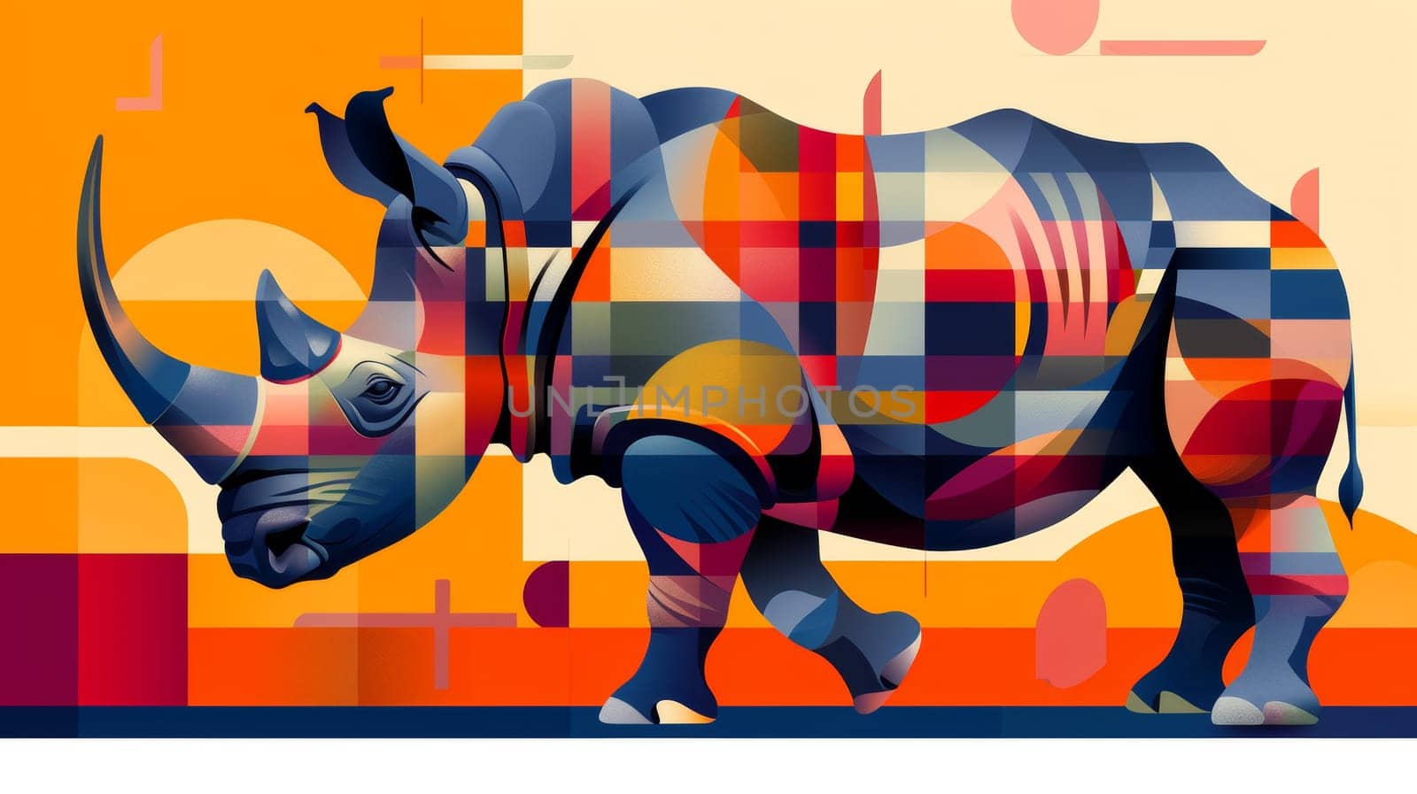 A colorful rhino with geometric pattern on its body