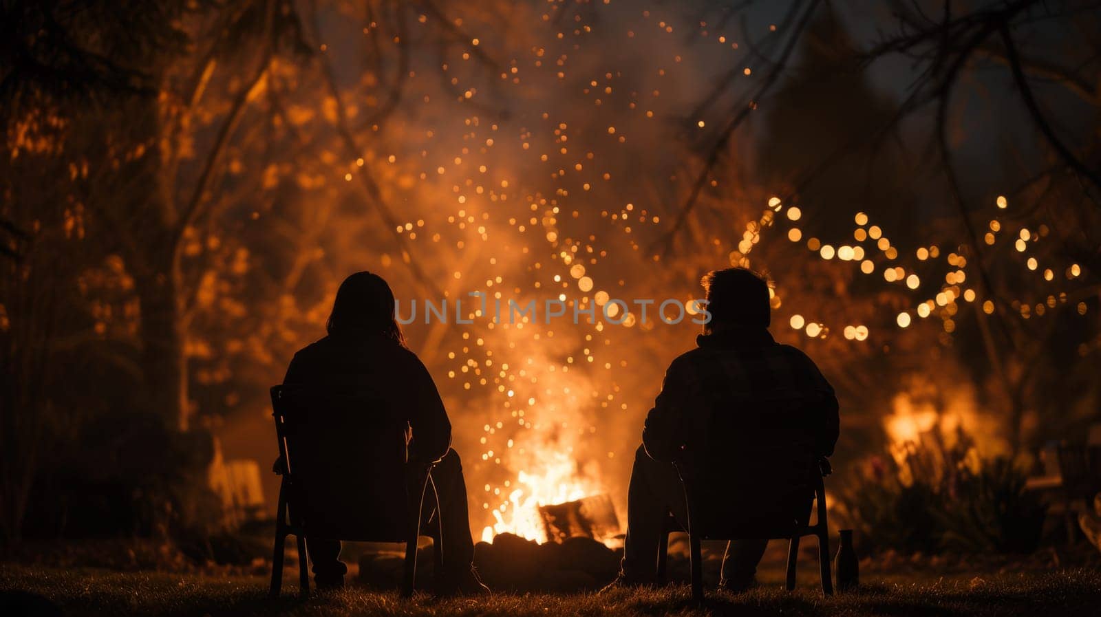 Two people sitting in chairs near a fire pit with lights