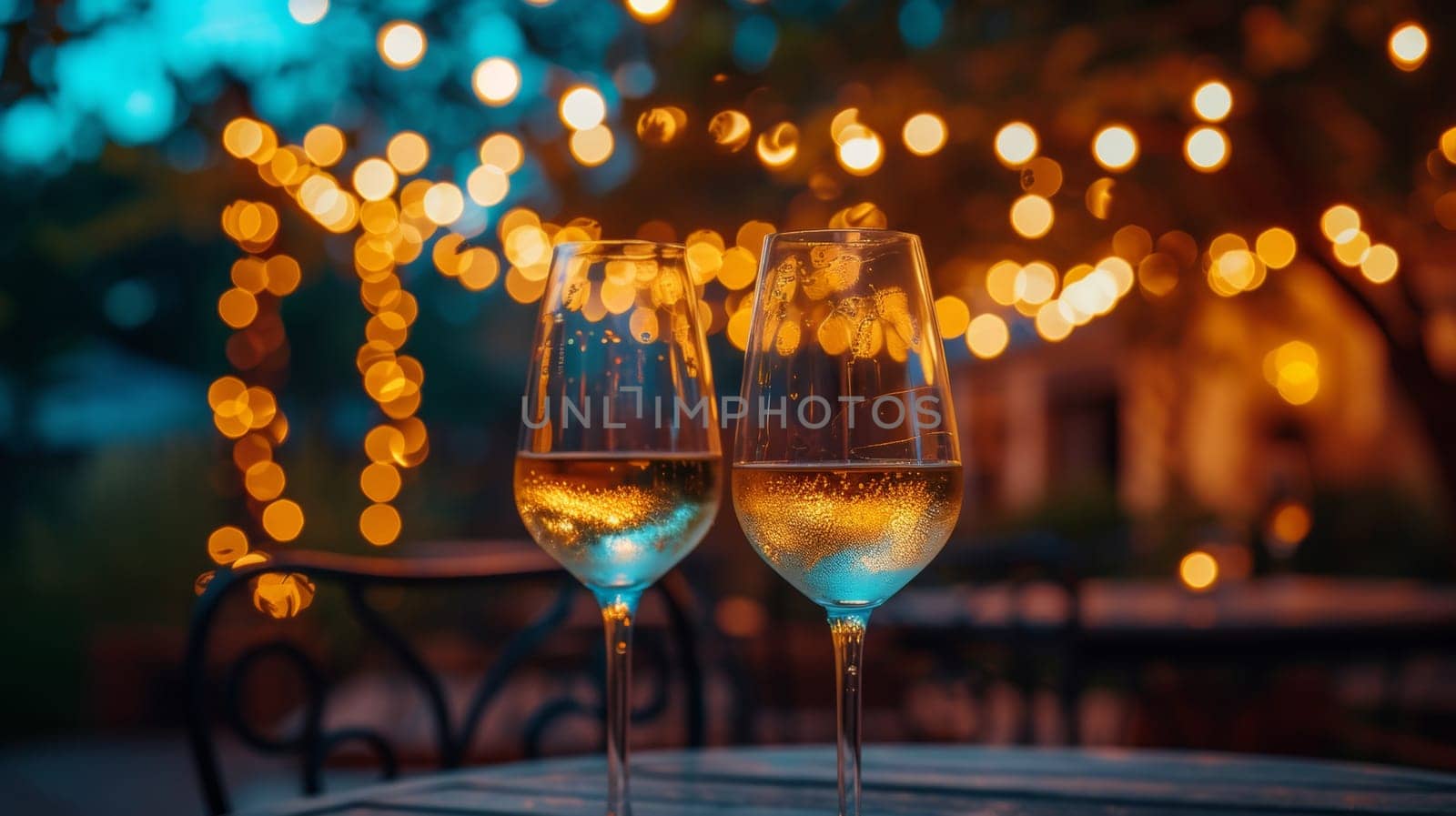 Two glasses of wine on a table with lights in the background