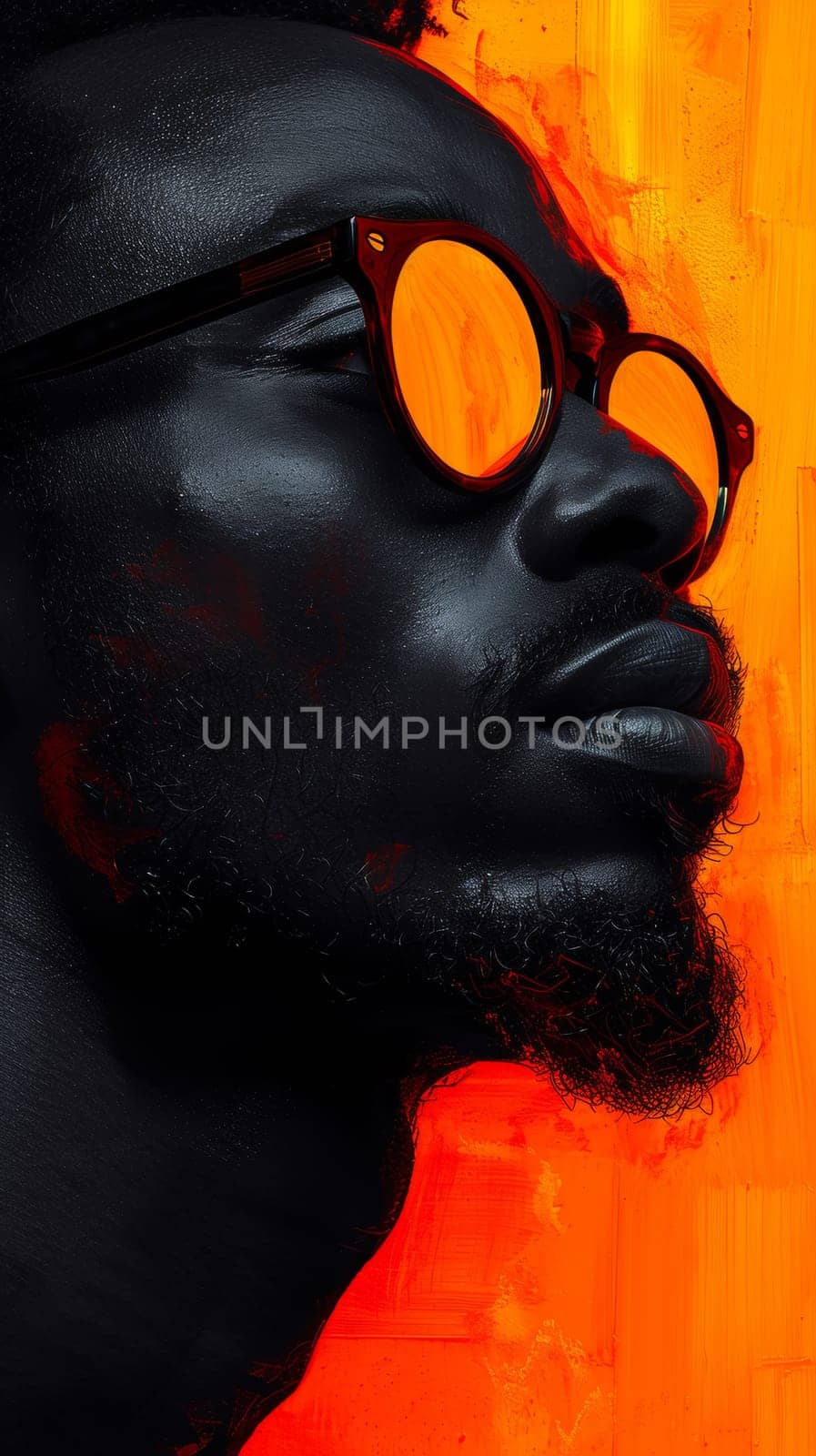 A close up of a black man with glasses and orange background