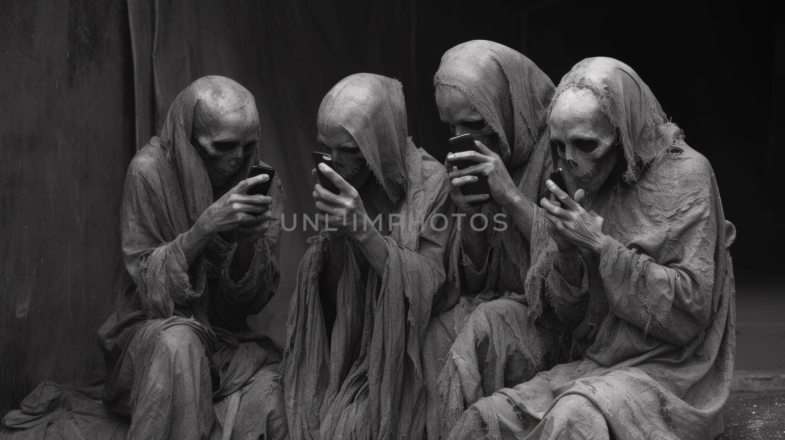 A group of three skeletons sitting in a row looking at their phones