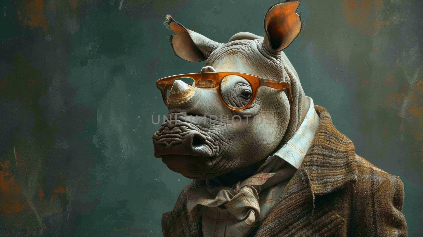 A rhino wearing a suit and glasses with an afro, AI by starush