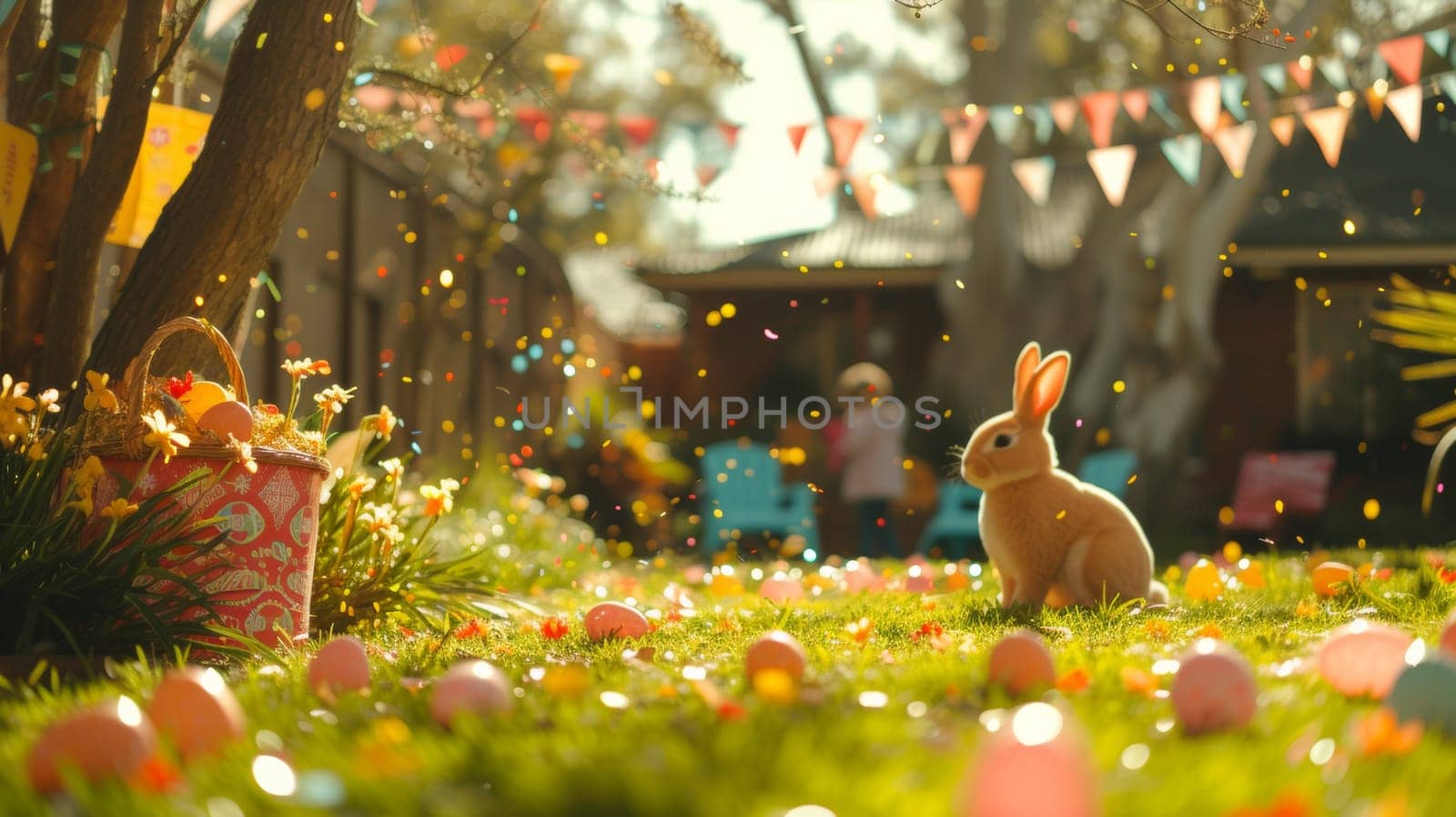 A bunny sitting in a field of colorful eggs and confetti