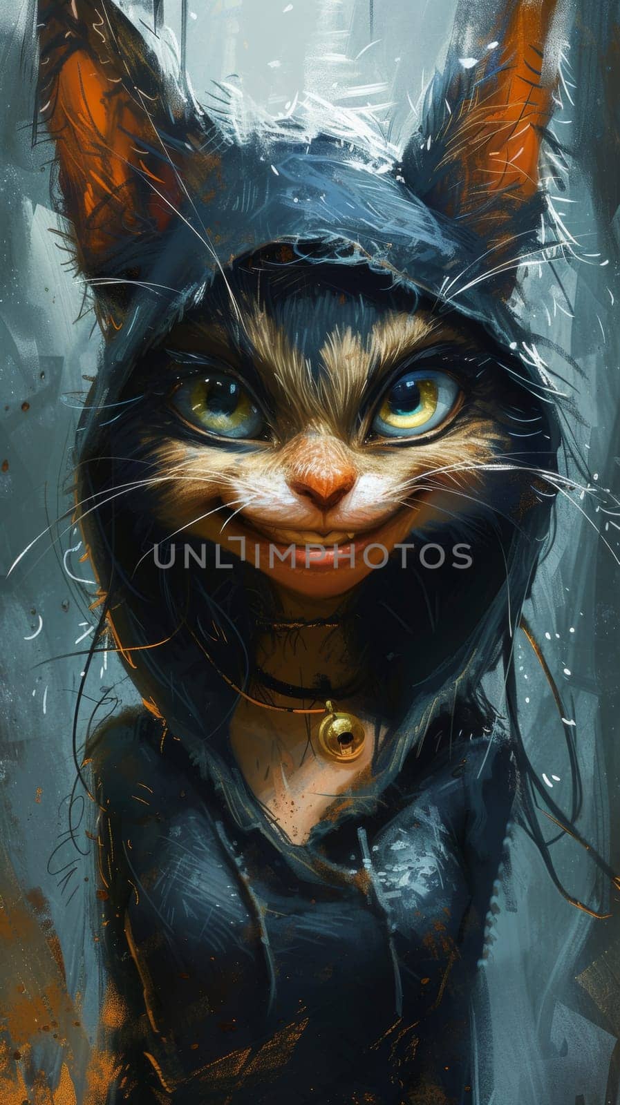 A painting of a cat wearing an hoodie and smiling