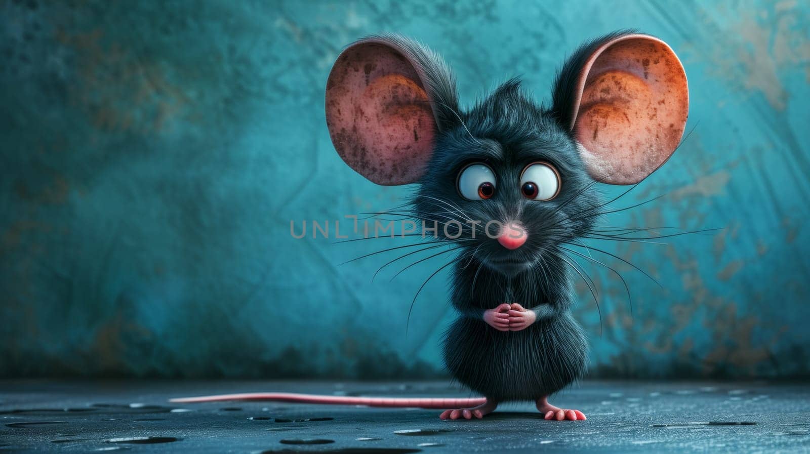 A cartoon mouse with big ears standing on a blue floor