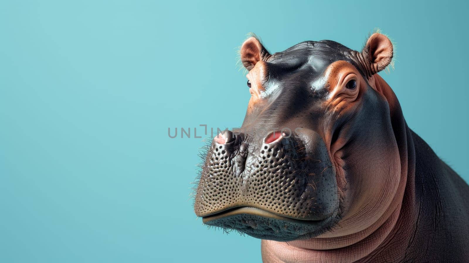 A close up of a hippo's face with the blue background