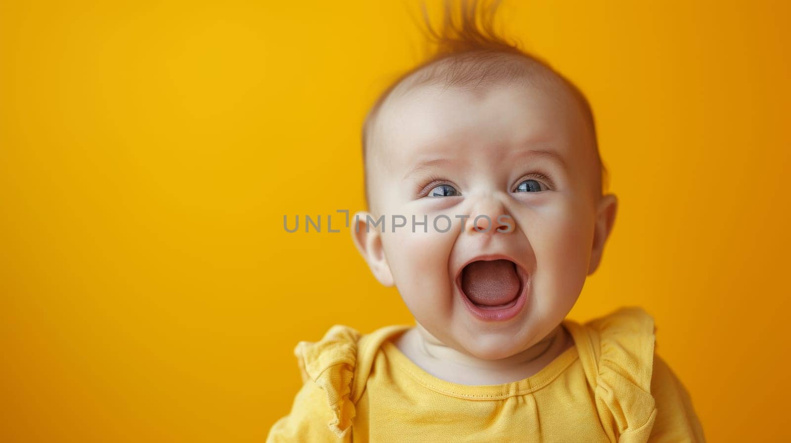 A baby with a big smile on his face and yellow background