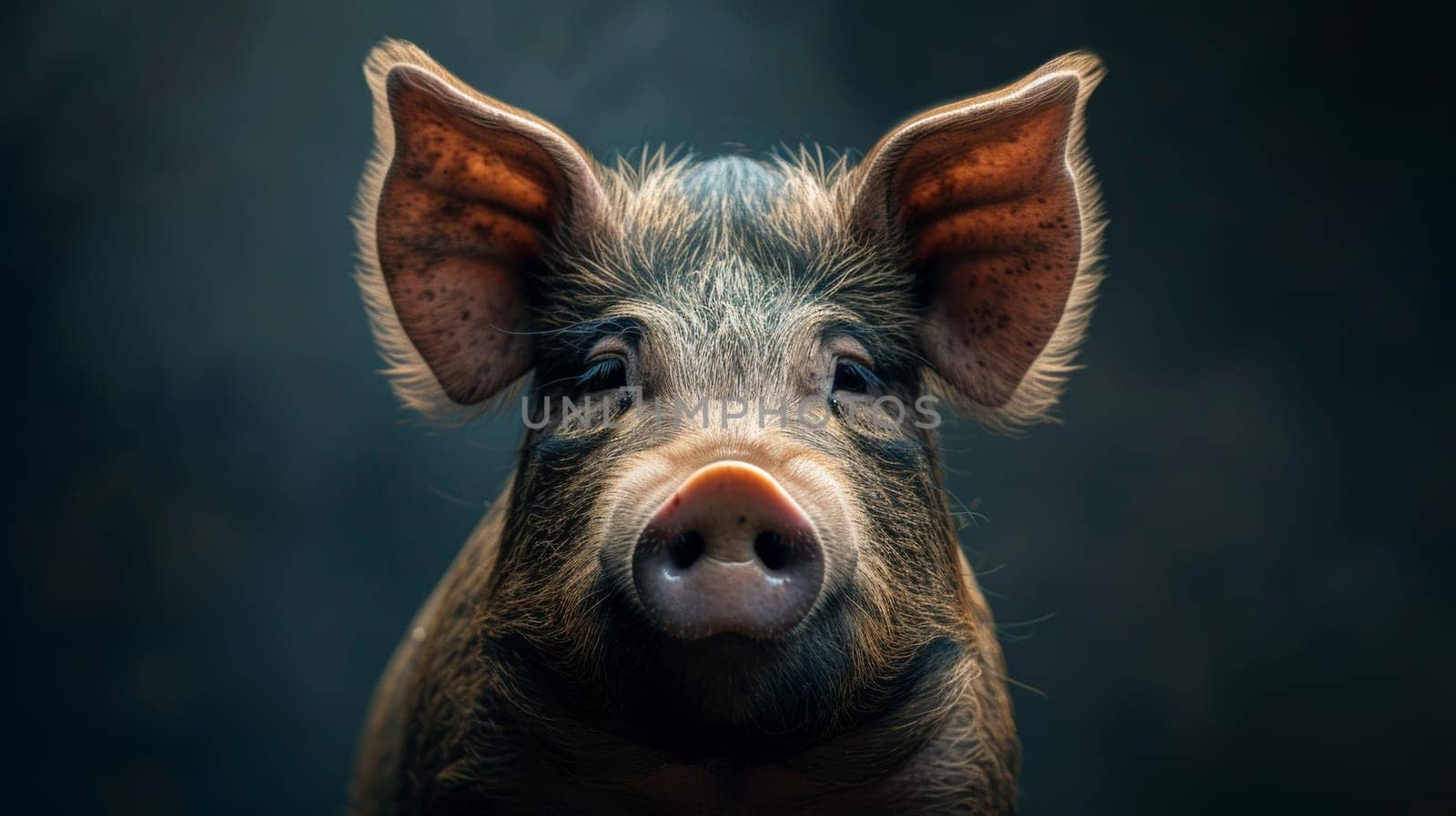 A close up of a pig with big ears and dark background
