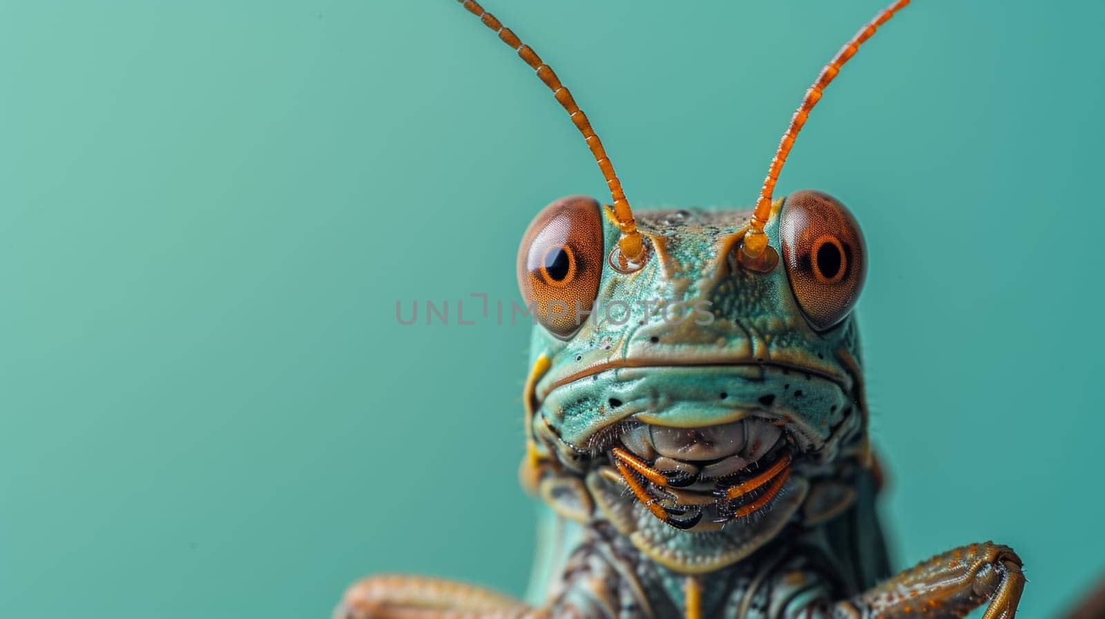 A close up of a grasshopper with orange eyes and antennae