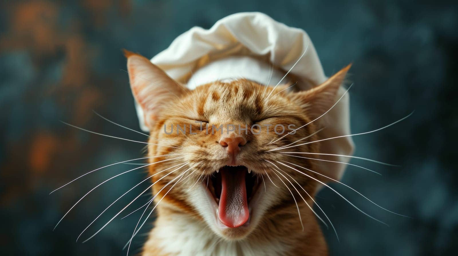 A cat wearing a chef's hat with its mouth open