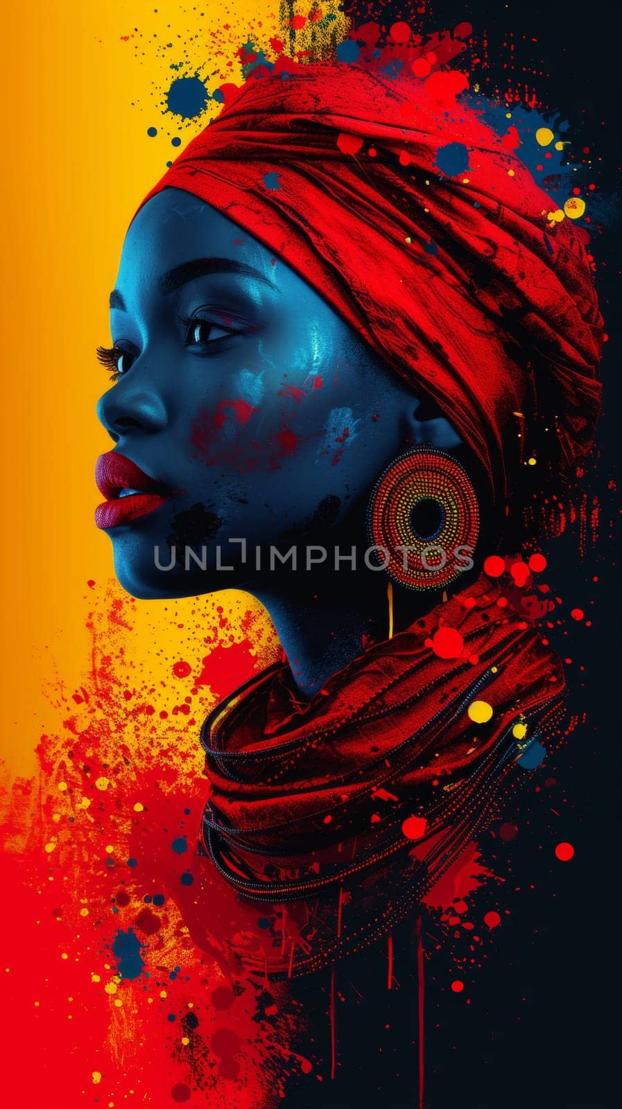 A woman with a red head scarf and colorful paint splatters, AI by starush