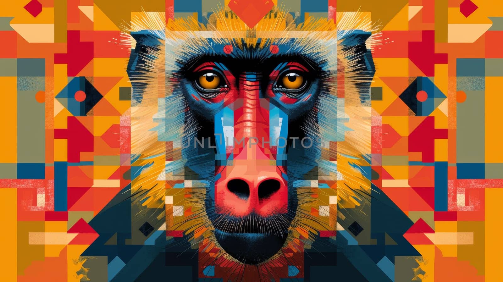 A colorful abstract painting of a monkey with geometric patterns, AI by starush