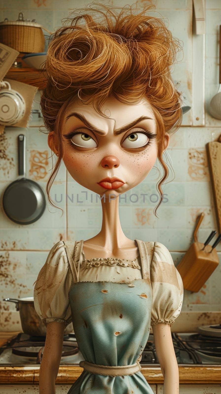A cartoon character with a frowning face in an old kitchen
