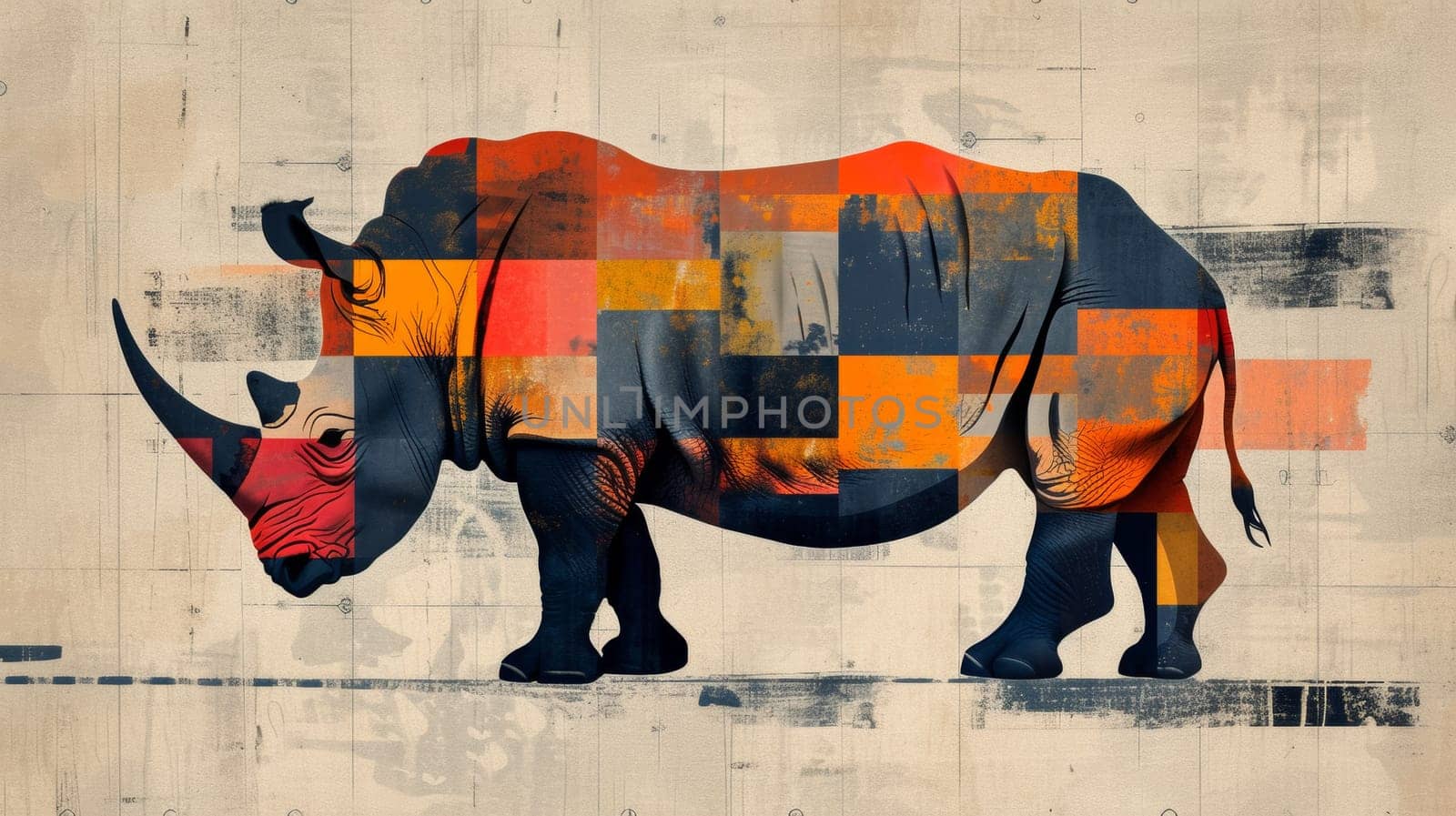 A rhino with a colorful pattern on its body standing in the grass, AI by starush